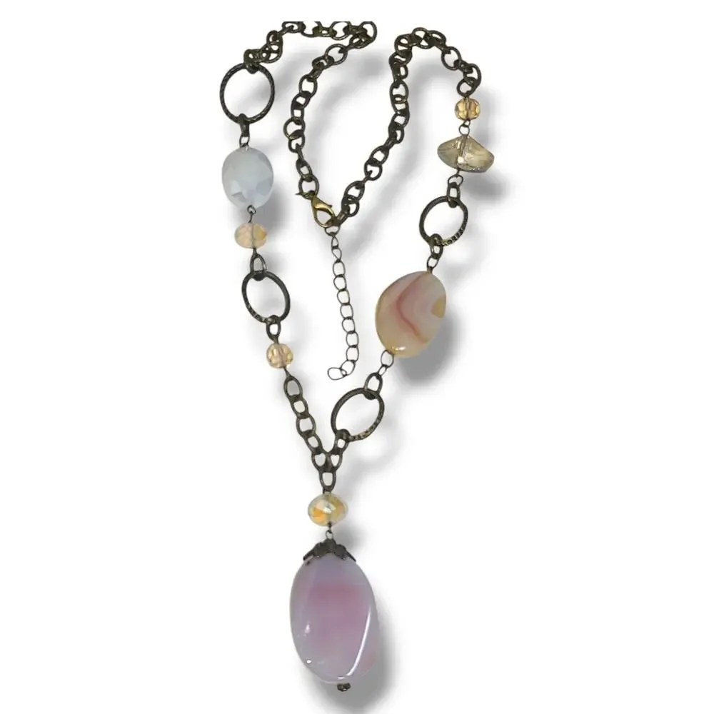 Rose Quartz & Crystal Y-drop Necklace Antique Gold Tone 22